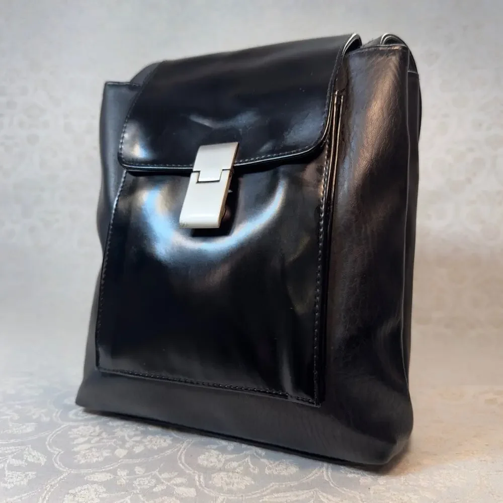 Faux Leather Sleek Black Shoulder Bag Silver Hardware